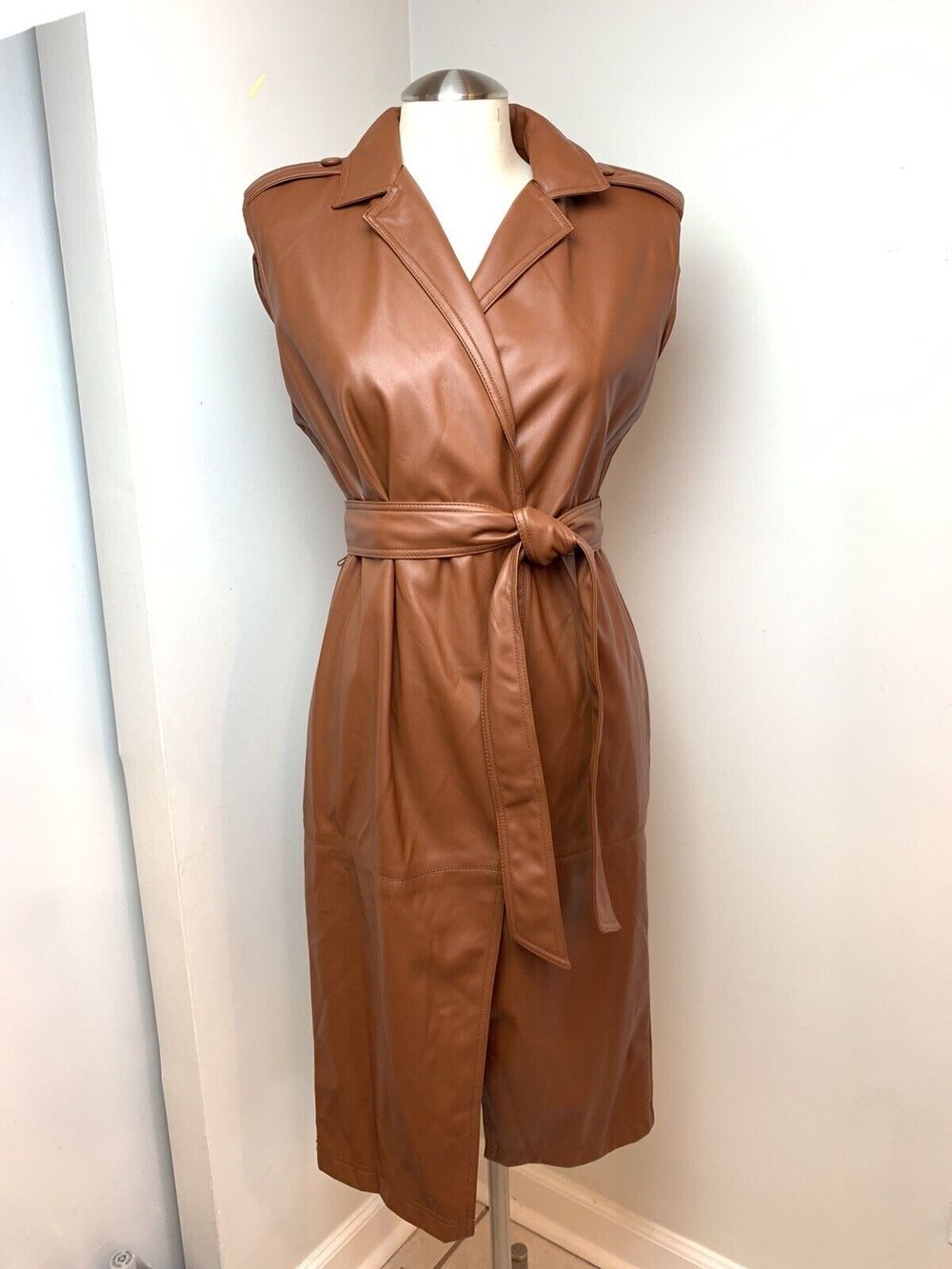Worthington Sleeveless Jacket Wrap Dress Women's Size XS Brown Faux Leather
